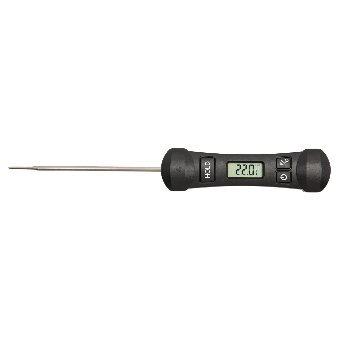Digitalt køkkentermometer foldbar, metalprobe, sort håndtag, lille LCD-display viser 22,0°C.