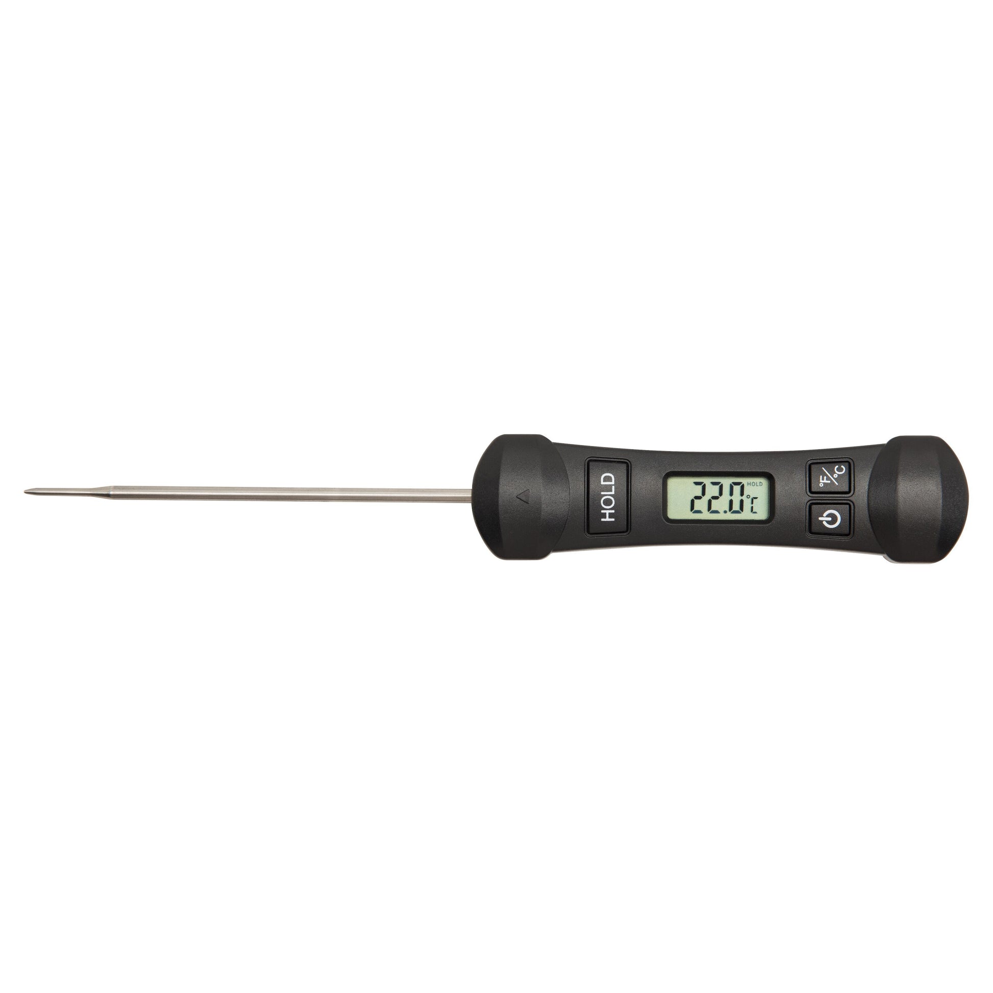 Digitalt køkkentermometer foldbar, metalprobe, sort håndtag, lille LCD-display viser 22,0°C.