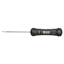 Digitalt køkkentermometer foldbar, metalprobe, sort håndtag, lille LCD-display viser 22,0°C.