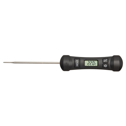 Digitalt køkkentermometer foldbar, metalprobe, sort håndtag, lille LCD-display viser 22,0°C.