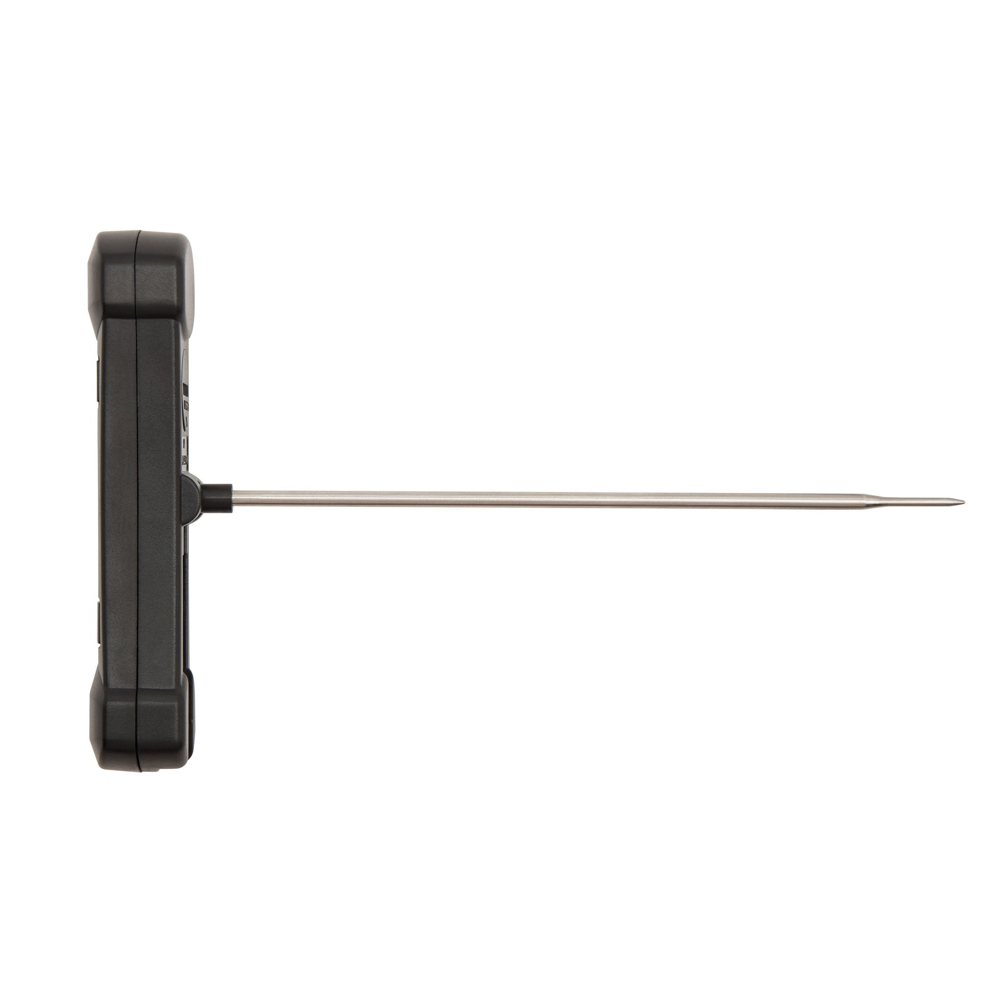 Rubicson digital foldbar køkkentermometer med sort plastkrop og langt metalspyd set fra siden.