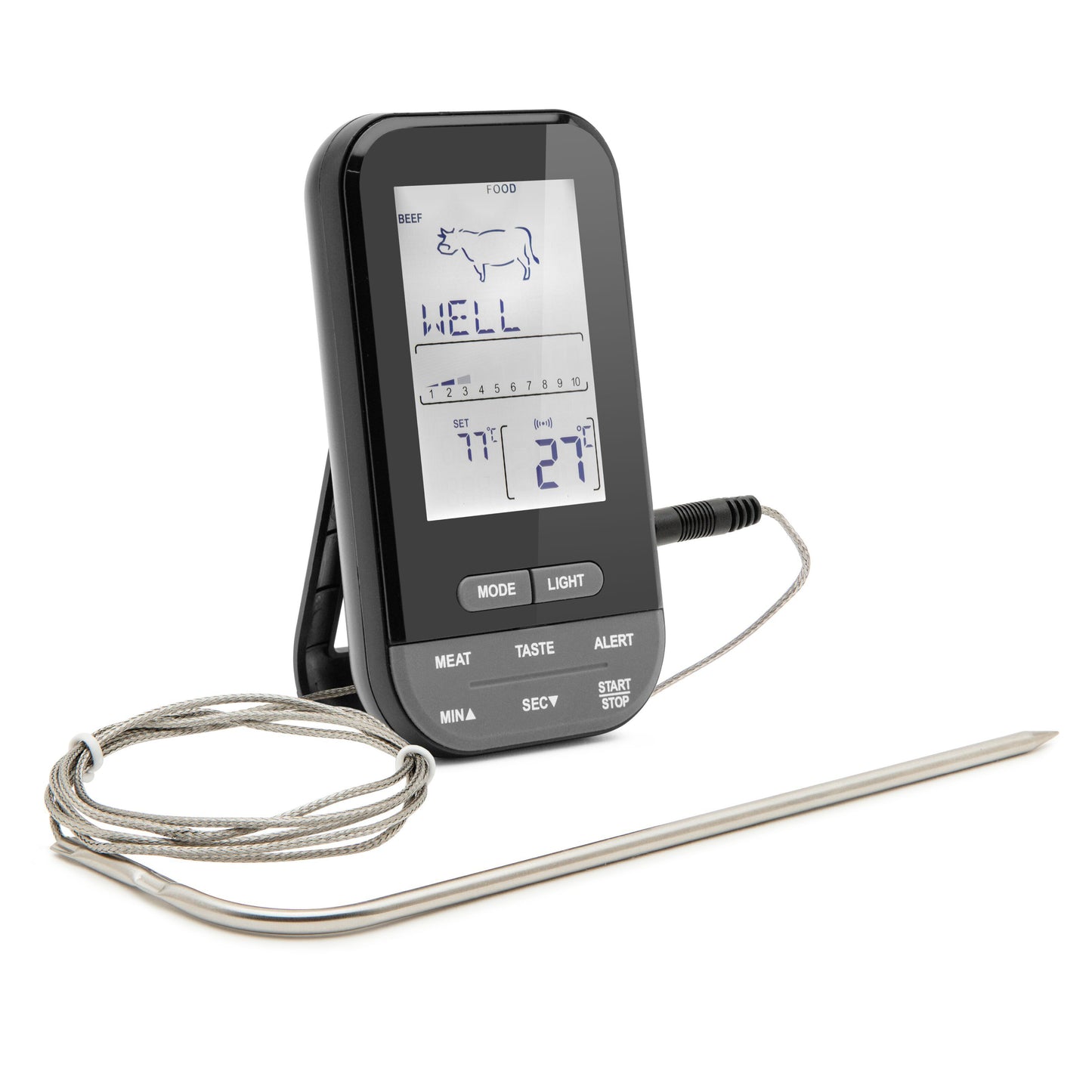 Rubicson digitalt stegtermometer med ledningsføler og "WELL" ko-ikon til kernetemperatur i ovn eller grill.
