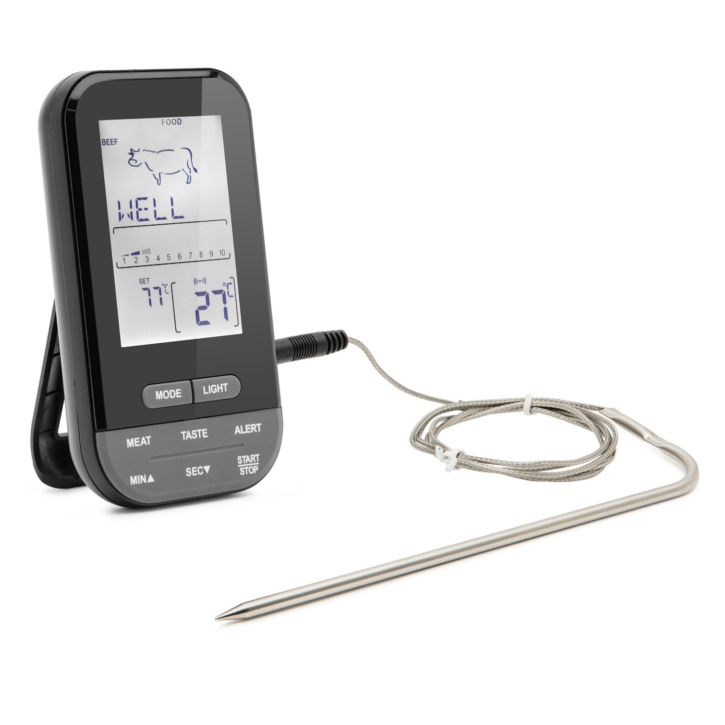 Digitalt stegetermometer med kabelprobe, kernetemperaturdisplay, WELL okse-ikon og kontrolknapper til ovn/grill.