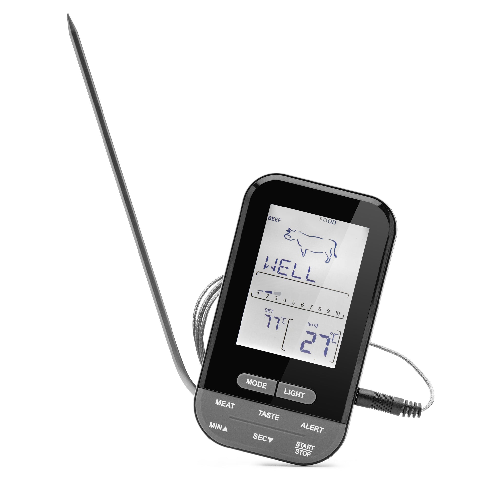 Rubicson Stegtermometer med metalspids, ko-ikon, WELL-visning, knapper til mode, smag og alarm til ovn eller grill.