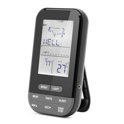 Rubicson Stegtermometer med display viser BEEF og WELL, 77°C/27°C, knapper til MODE, LIGHT, ALERT og START/STOP.