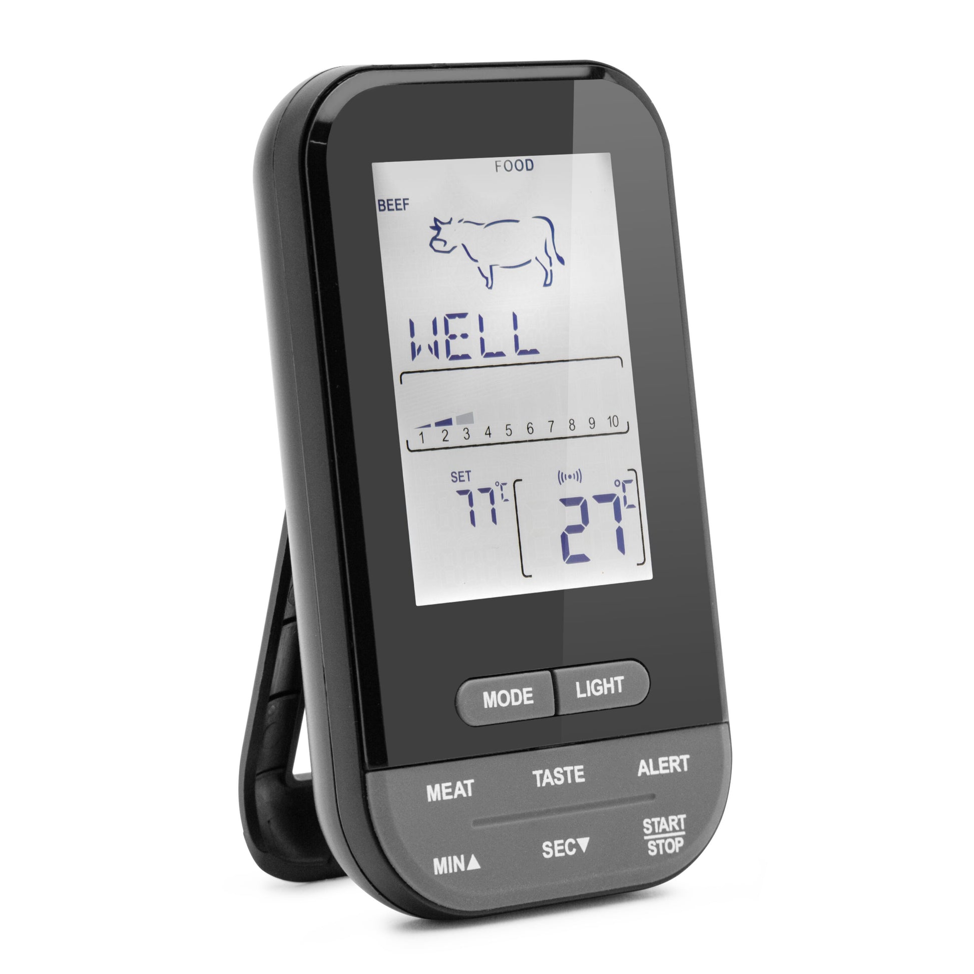 Rubicson Stegtermometer digitalt til ovn og grill, display med okseikon, WELL, 77°F/27°F, knapper: KØDSMAGSTILSTAND LYS.