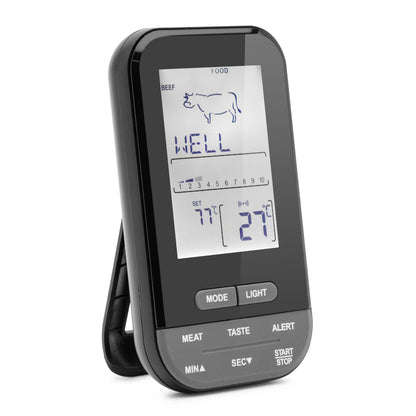 Rubicson Stegtermometer digitalt til ovn og grill, display med okseikon, WELL, 77°F/27°F, knapper: KØDSMAGSTILSTAND LYS.