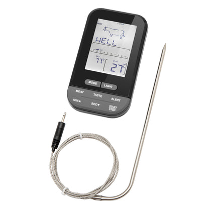 Rubicson Stegtermometer med display, ko-ikon, temperatur og stegeniveau, lang metalprobe og kabel til ovn eller grill.