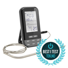 Rubicson stegtermometer med LCD-skærm og ledningsprobe, viser kernetemperatur og beef doneness Well (27°C), til ovn og grill.