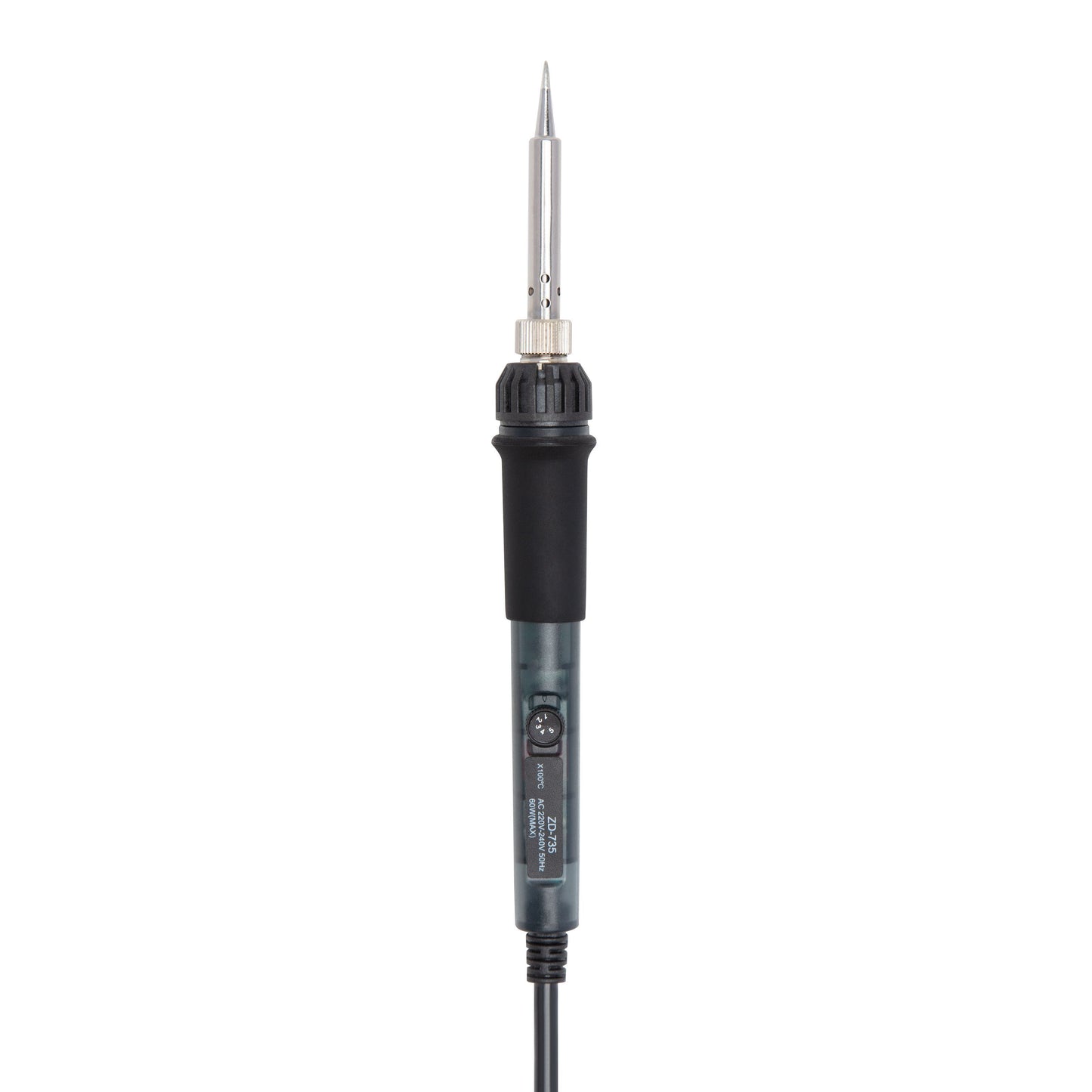 Luxorparts justerbar loddekolbe 25 W med sort håndtag, spids metaltip og strømkabel, stående lodret.