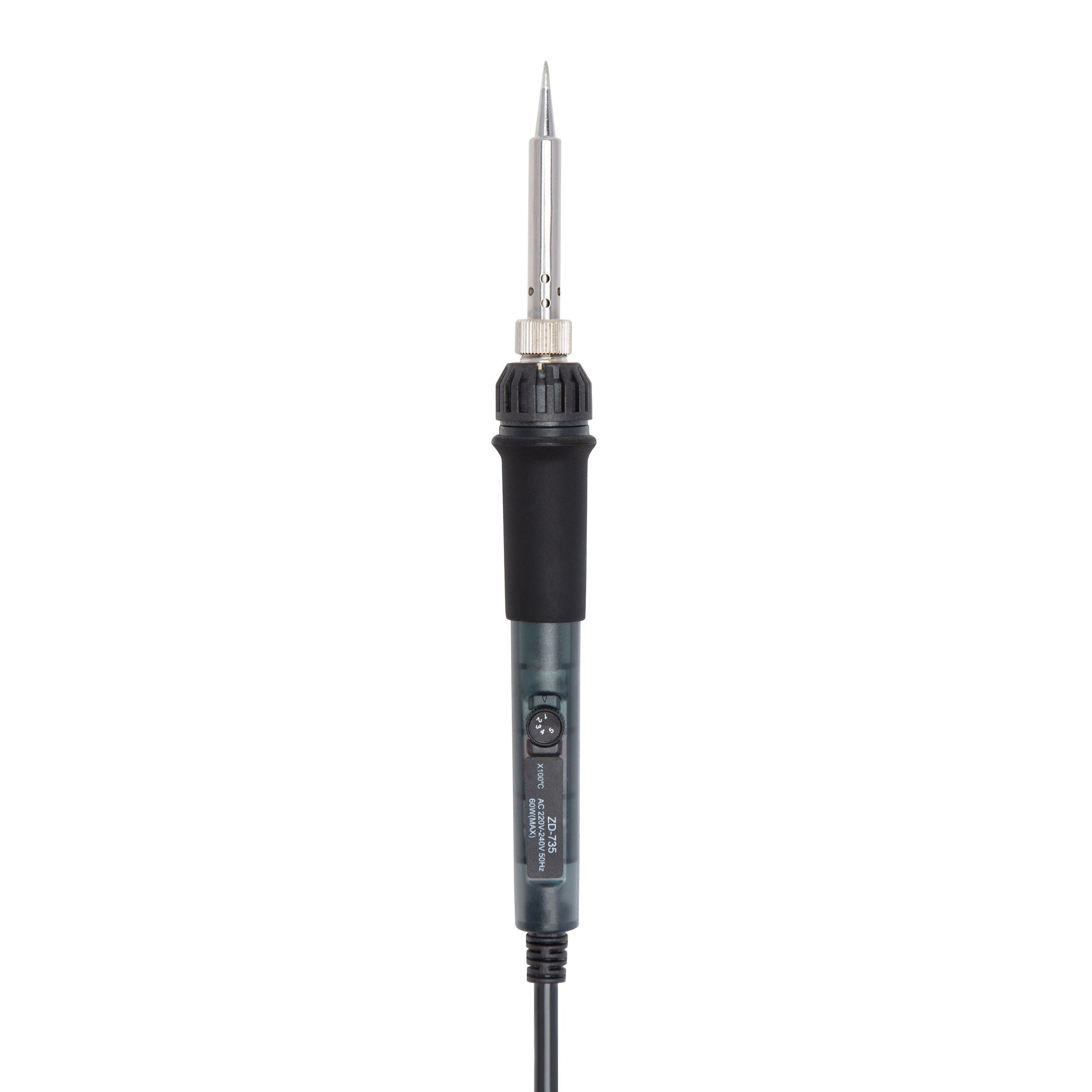 Luxorparts justerbar loddekolbe 25 W med sort håndtag, spids metaltip og strømkabel, stående lodret.