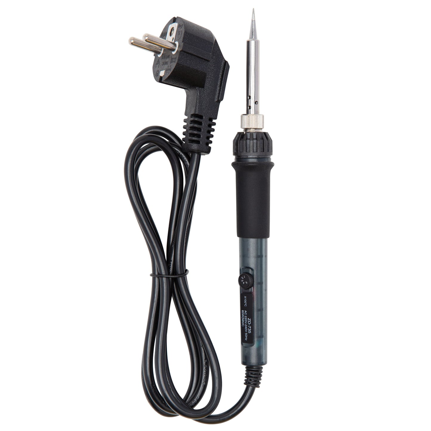 Justerbar loddekolbe 25 W sort med spids metalspids, lang ledning og topstik, egnet til elektronikreparation.