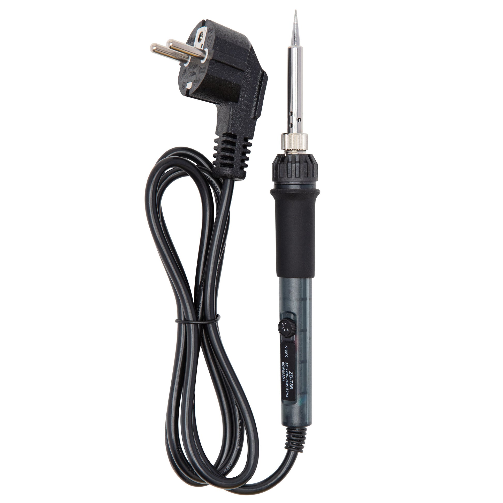 Justerbar loddekolbe 25 W sort med spids metalspids, lang ledning og topstik, egnet til elektronikreparation.