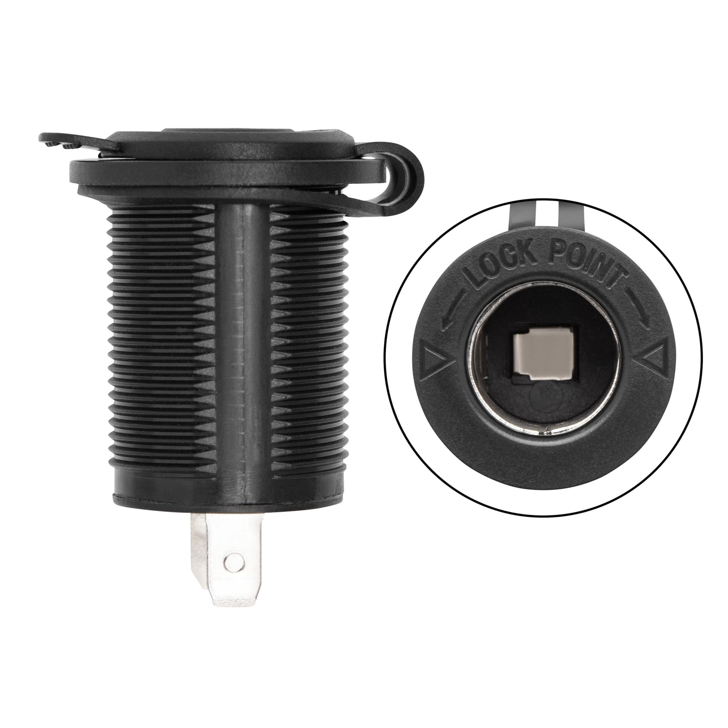 12 V panelmonteret sort stikdåse med rillet greb, metal kontakt og "LOCK POINT"-mærke, synlig tilslutning.