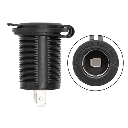 12 V panelmonteret sort stikdåse med rillet greb, metal kontakt og "LOCK POINT"-mærke, synlig tilslutning.