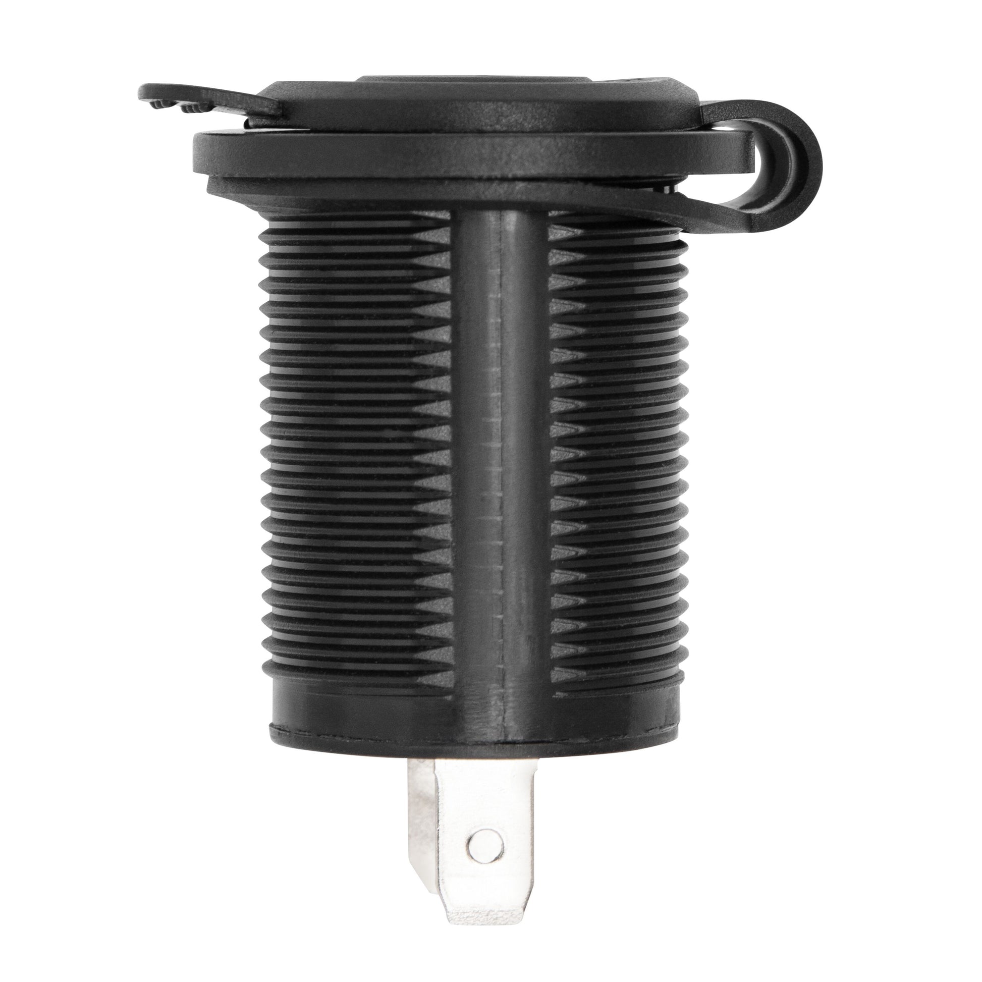 12 V panelmonteret udtag, sort cylinder med ribbede sider, hængslet dæksel, to metalterminaler.