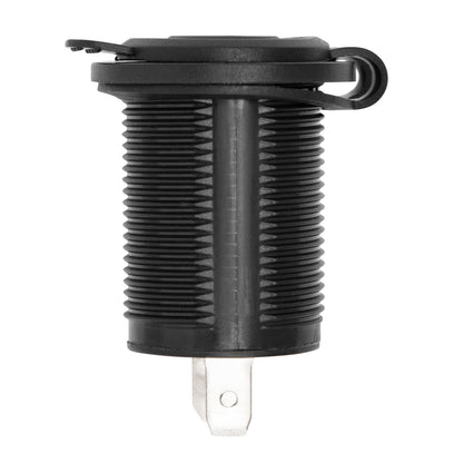 12 V panelmonteret udtag, sort cylinder med ribbede sider, hængslet dæksel, to metalterminaler.