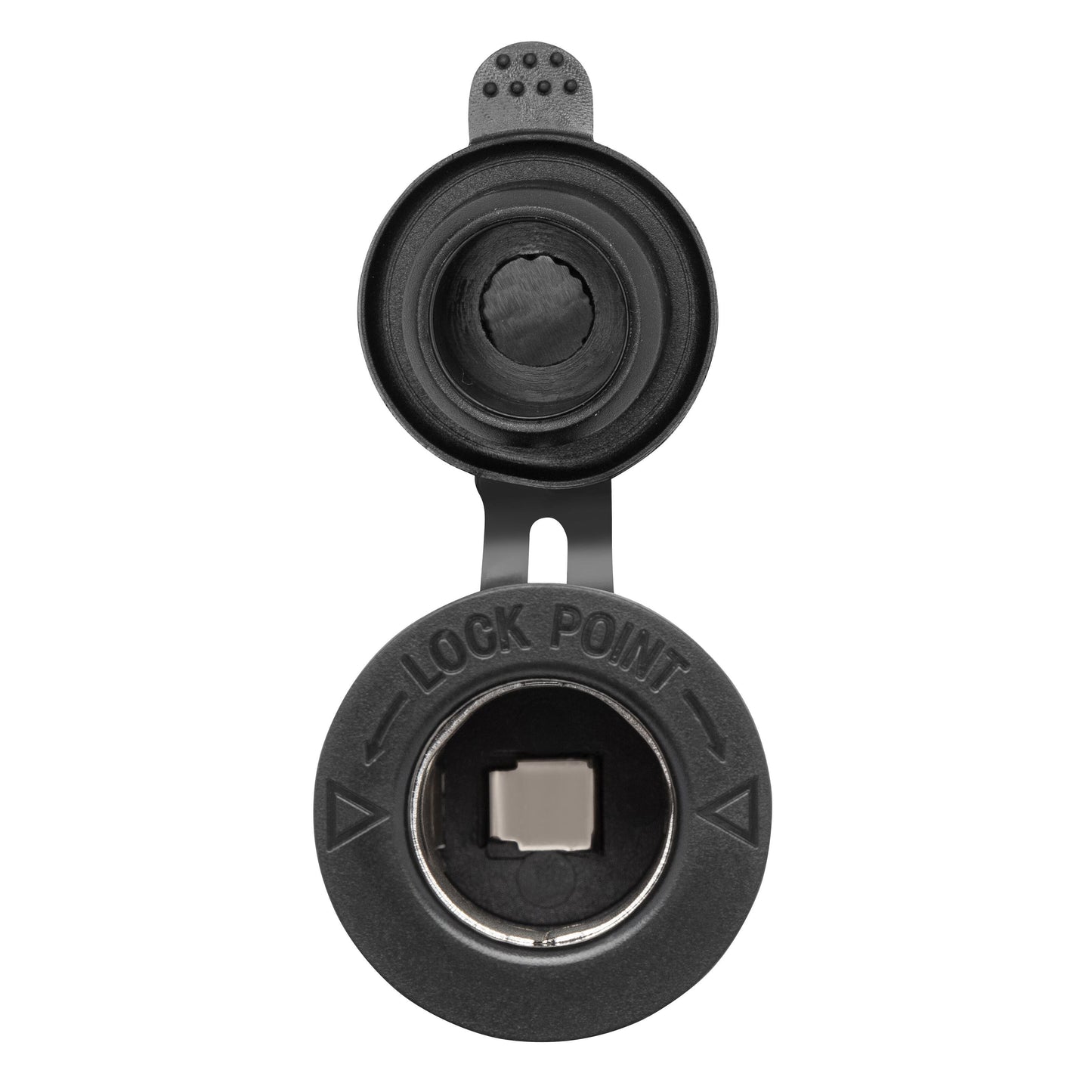 Luxorparts 12V rund sort panelmonteret udtag med åben LOCK POINT-låg, synlige metalstik, til bil eller båd.