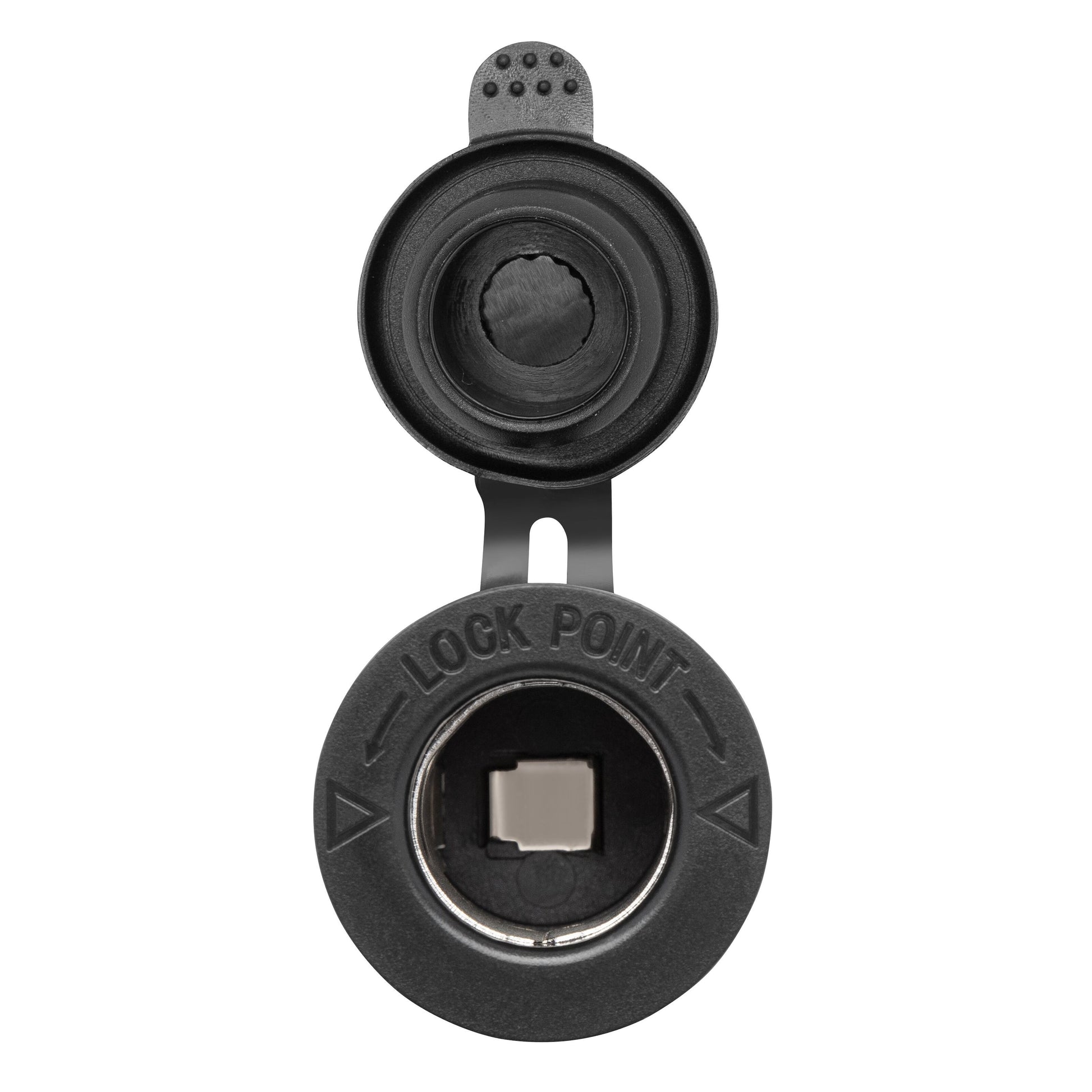 Luxorparts 12V rund sort panelmonteret udtag med åben LOCK POINT-låg, synlige metalstik, til bil eller båd.