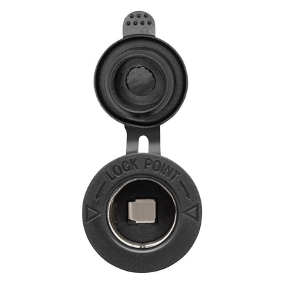 Luxorparts 12V rund sort panelmonteret udtag med åben LOCK POINT-låg, synlige metalstik, til bil eller båd.