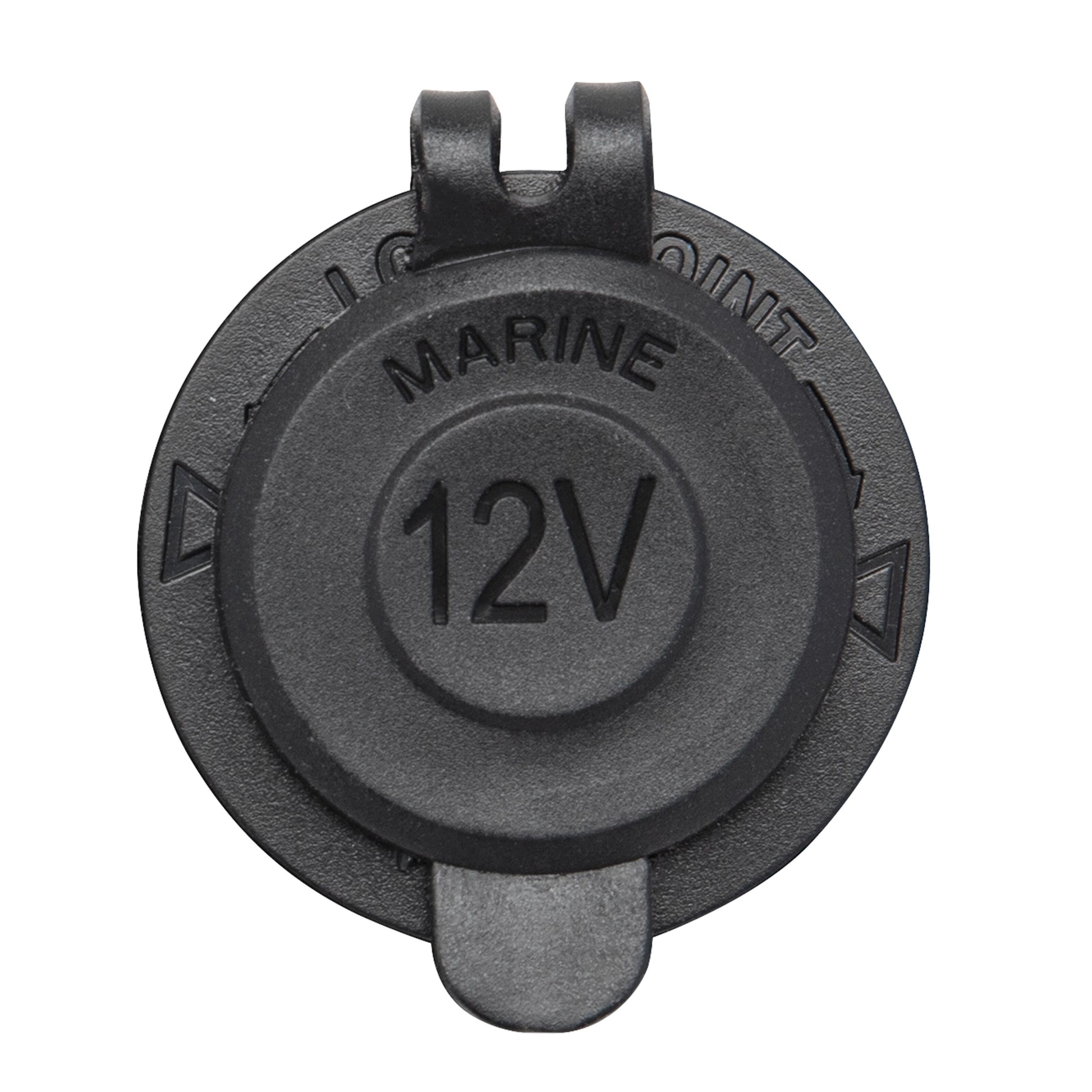 Luxorparts 12V panelmonteret sort rund udtag, dæksel med teksten "MARINE" og "12V.
