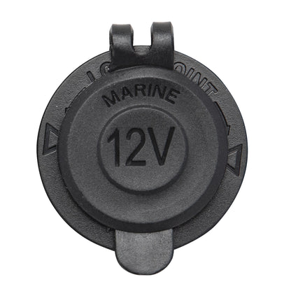 Luxorparts 12V panelmonteret sort rund udtag, dæksel med teksten "MARINE" og "12V.