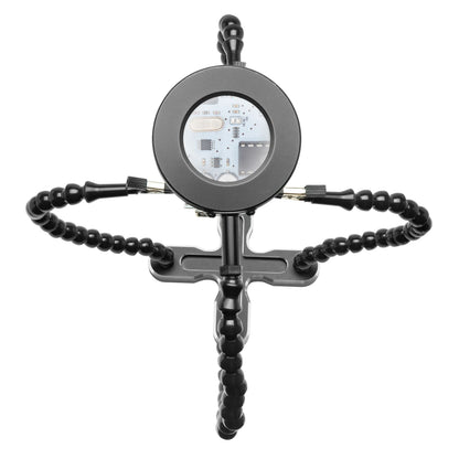 Luxorparts stativ til præcisionsarbejde med fleksible segmenterede arme og LED-lampe til belysning og fastgørelse.
