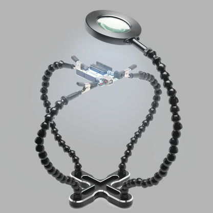 Luxorparts stativ til præcisionsarbejde med justerbare arme, clips og lup holder printplade.