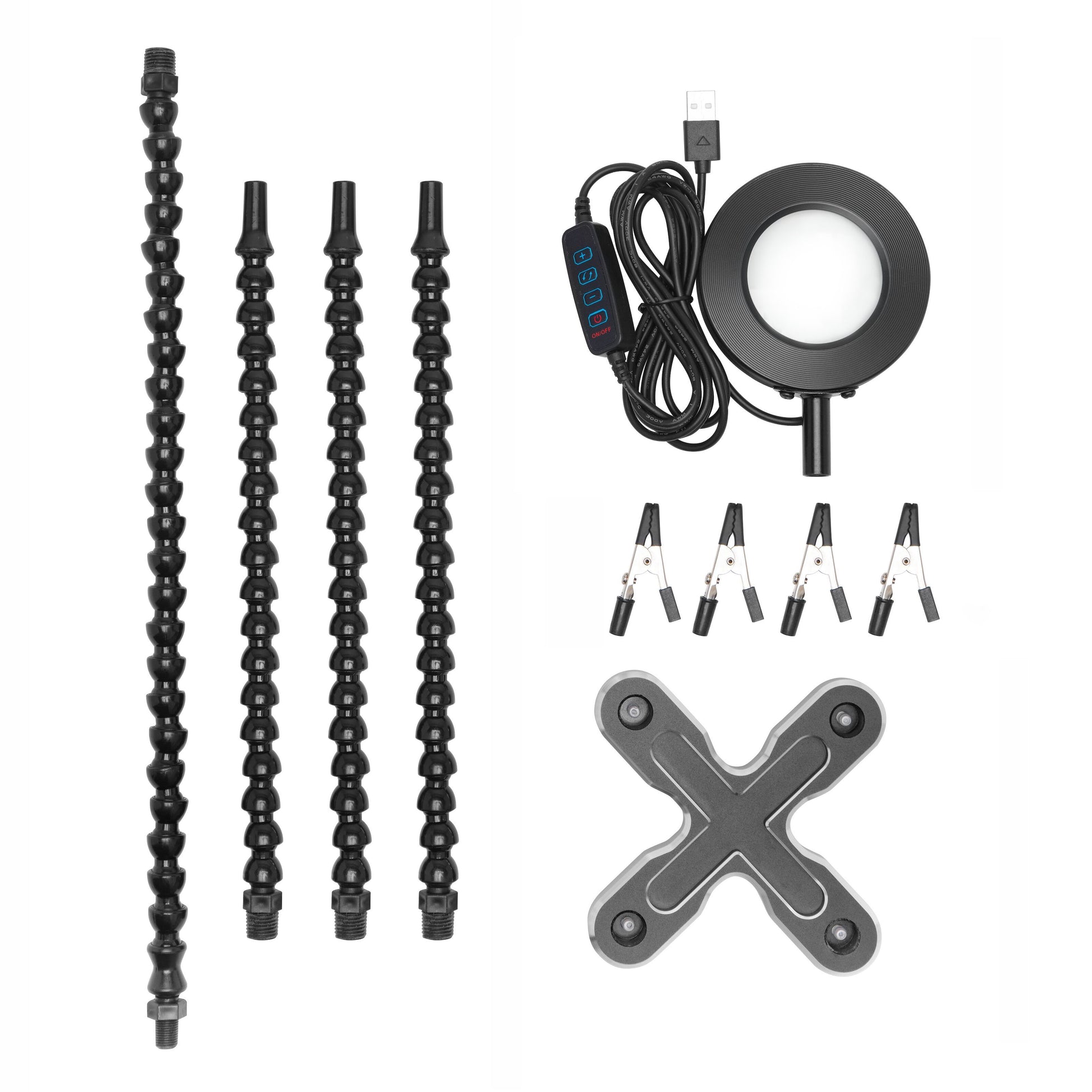 Luxorparts stativ til præcisionsarbejde med fire slags svanehalsarme, USB LED-lampe, 4 krokodillenæb, krydsformet fod.