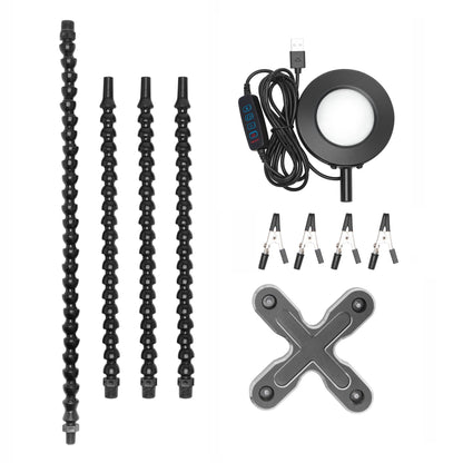 Luxorparts stativ til præcisionsarbejde med fire slags svanehalsarme, USB LED-lampe, 4 krokodillenæb, krydsformet fod.