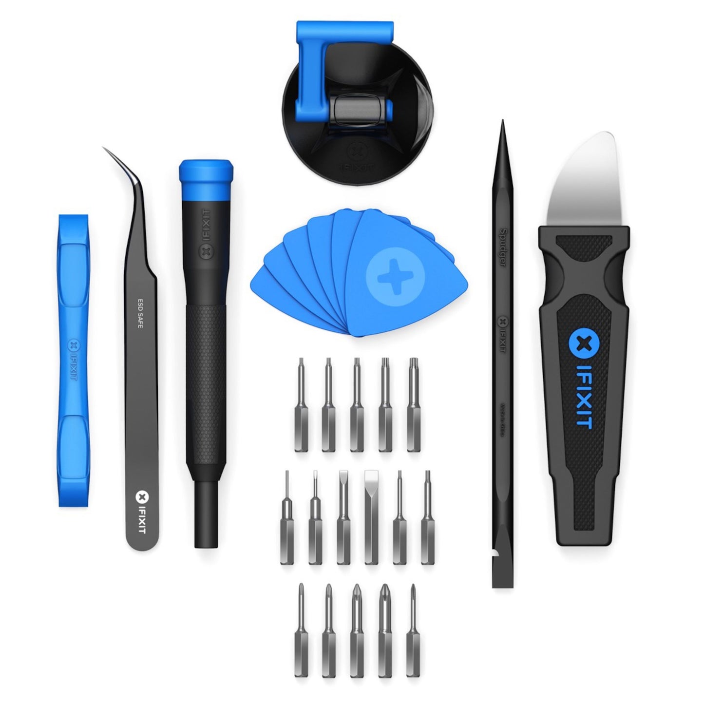 IFixit Essential værktøjskasse blå/sort skruetrækkere, pincet, sugekop, brækjern, spudger og bits.
