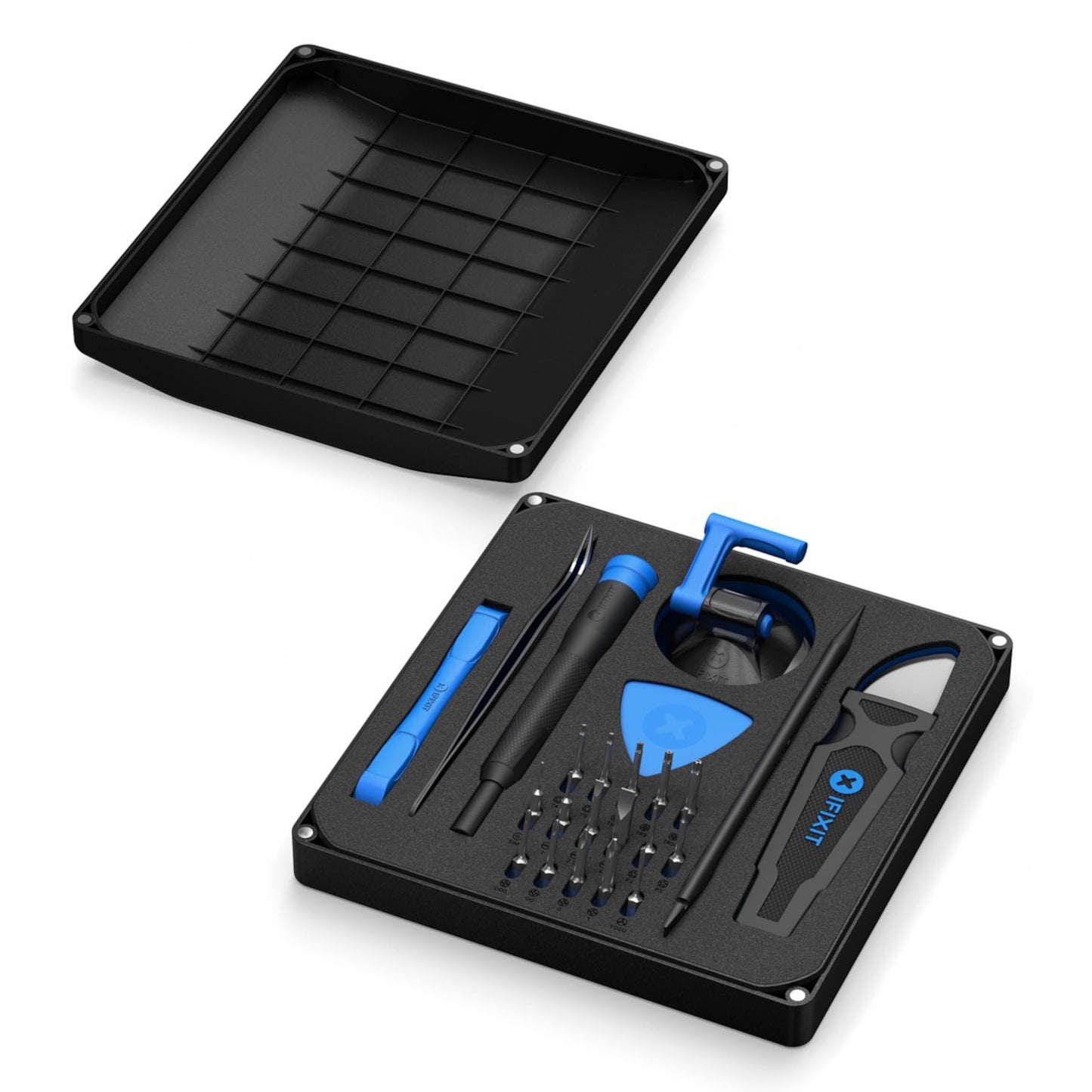 IFixit Essentiel elektronisk værktøjskasse sorterer bokse med aftageligt låg, blå/sorte præcisionsværktøjer, bits og sugekop.