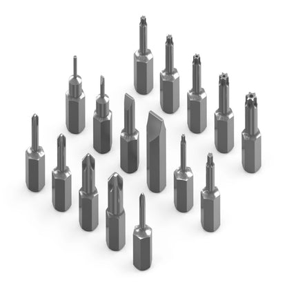 IFixit Essentiel elektronisk værktøjskasse med 16 metalbits i forskellige former og størrelser, ordnet i rækker.