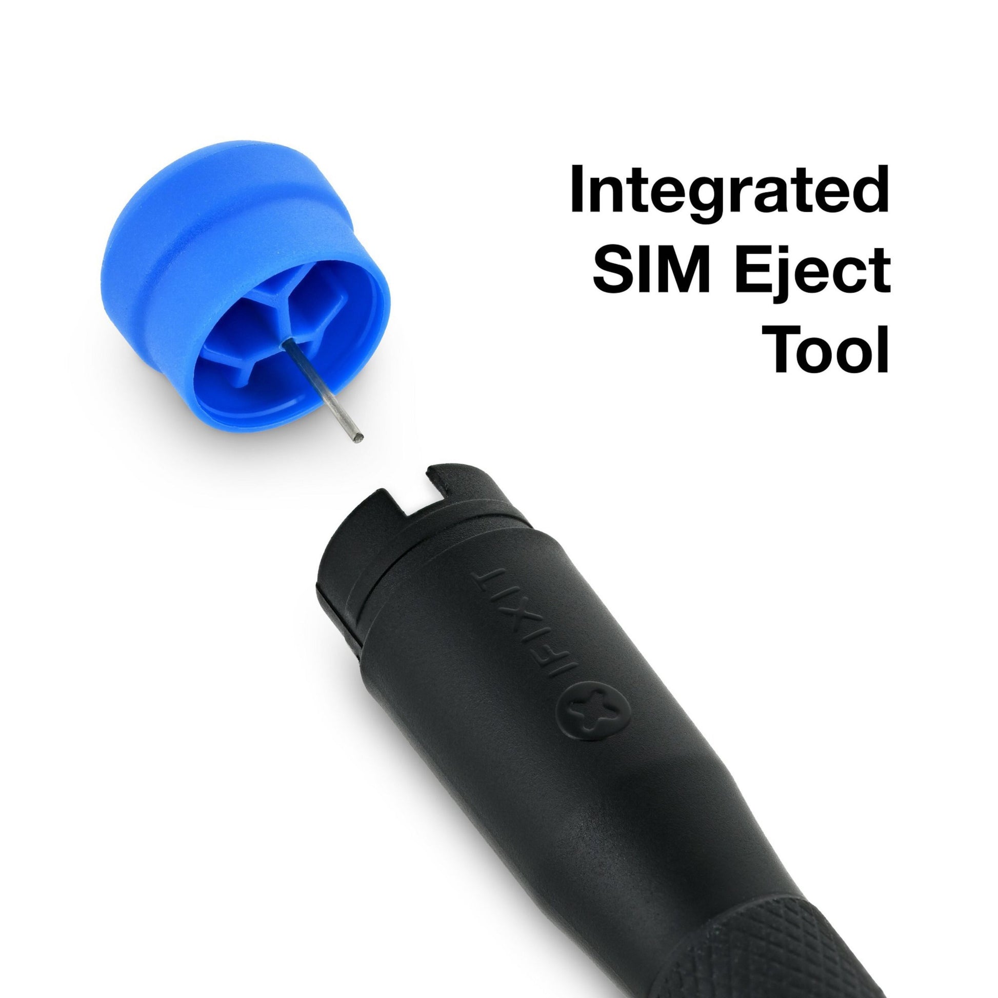 Ifixit SIM eject tool med blåt låg, sort greb og Ifixit-logo, passer til Ifixit Essentiel elektronisk værktøjskasse.