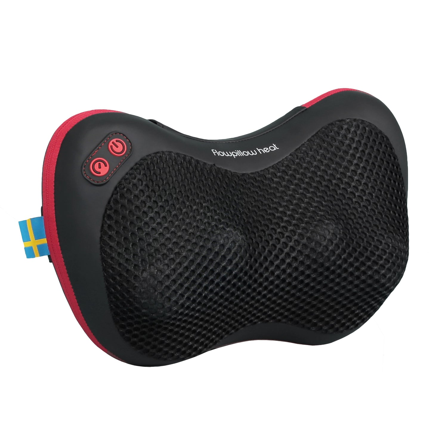 Flowpillow Varmemassagepude, sort/rød, mesh foran, til venstre strømknapper, svensk flag-tag, "Ready4You Heat" øverst.