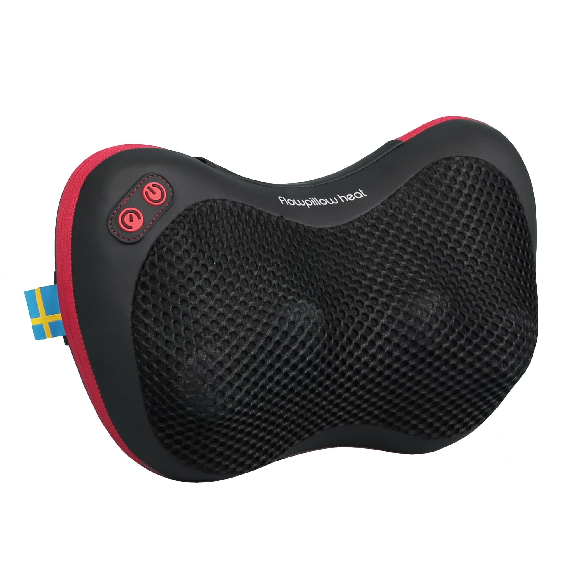 Flowpillow Varmemassagepude, sort/rød, mesh foran, til venstre strømknapper, svensk flag-tag, "Ready4You Heat" øverst.