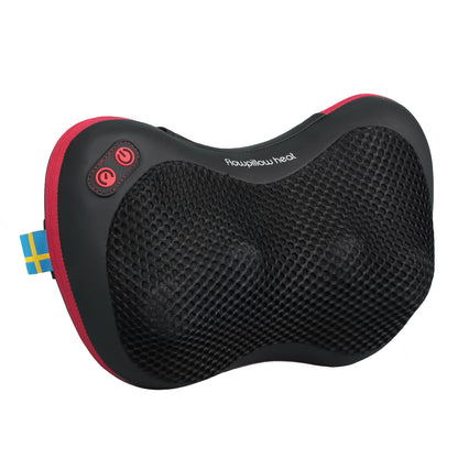 Flowpillow Varmemassagepude, sort/rød, mesh foran, til venstre strømknapper, svensk flag-tag, "Ready4You Heat" øverst.