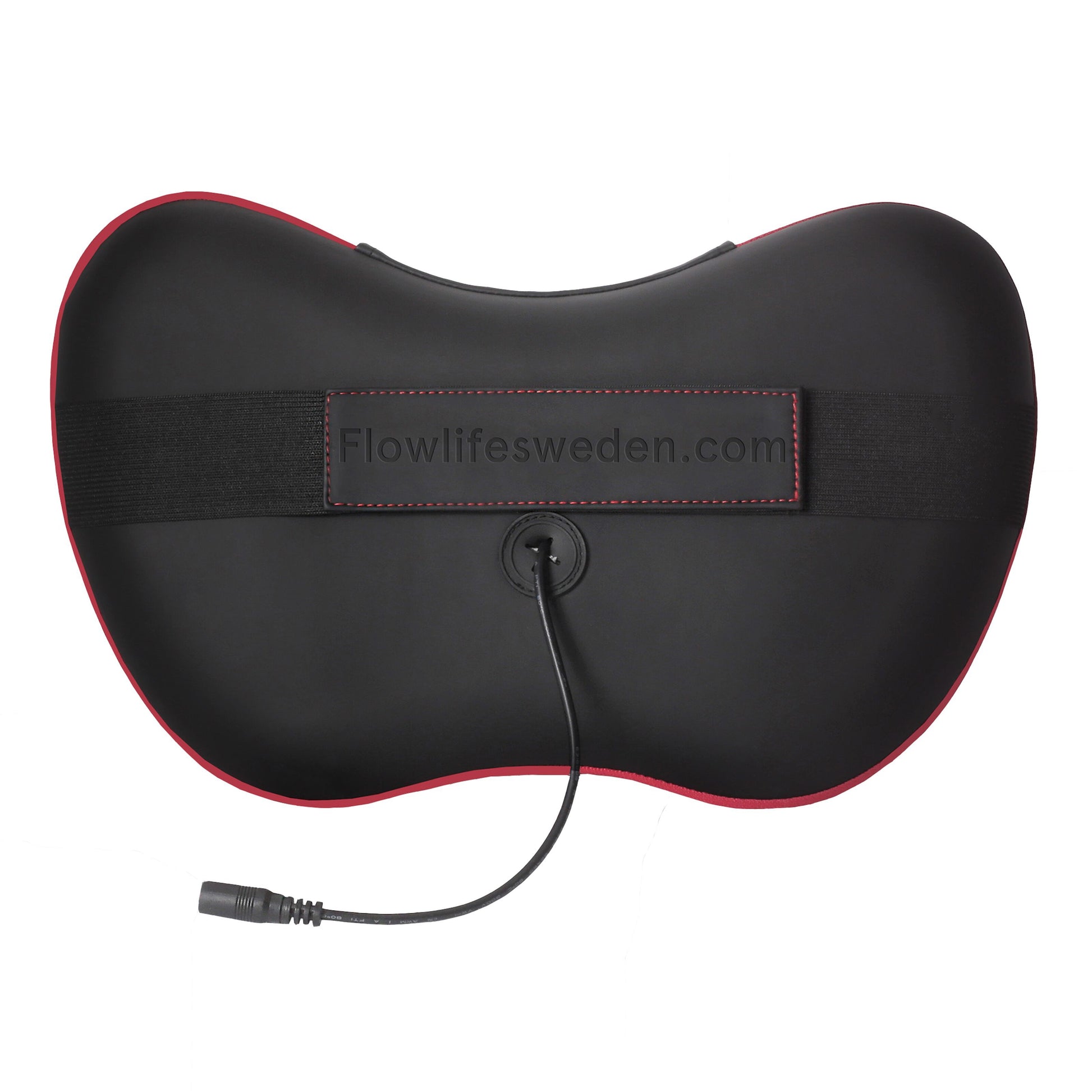 Flowlife Flowpillow Varmemassagepude sort, sommerfugleformet, rem med Flowlife-logo, strømledning, infrarød varme bagpå.