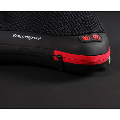 Flowpillow Varmemassagepude sort mesh, infrarød varme, rød lynlås og knapper, Flowpillow Heat-logo på siden.
