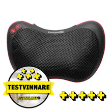 Flowpillow Varmemassagepude sort/rød med genopladeligt batteri og knapper, Testvinnare mærke og fem gule plusser.