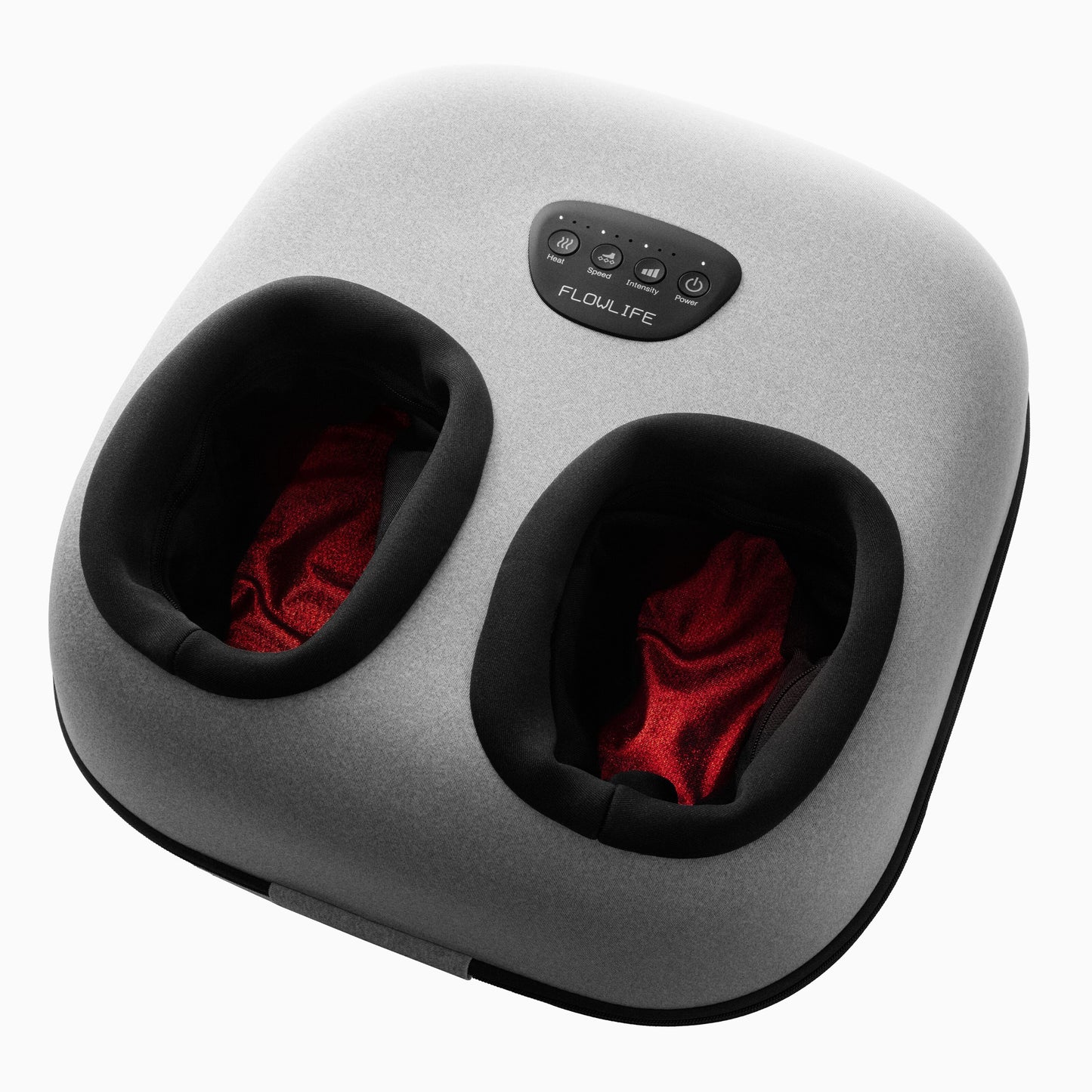 Flowlife Flowfeet Heat fodmassage med to sorte og røde fodåbninger, top kontrolpanel og justerbar varmeindstilling.