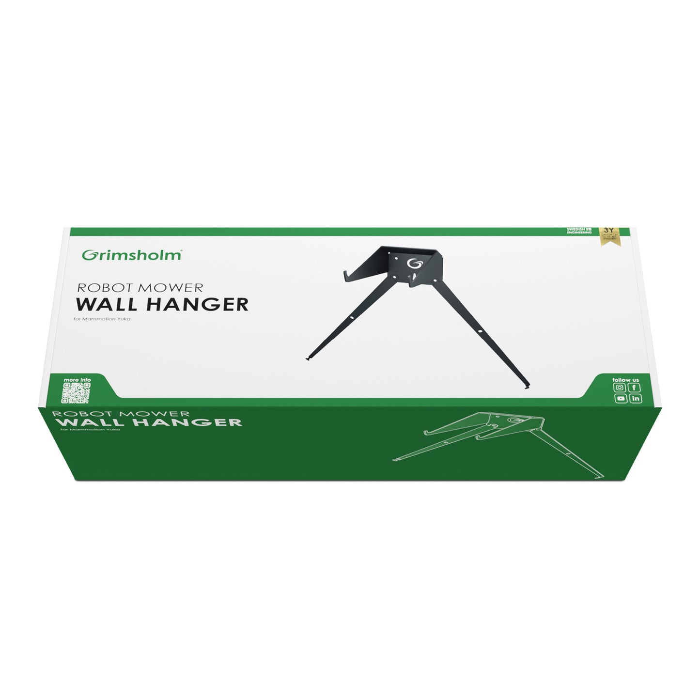 Grimsholm Vægholder til Mammotion Yuka robotplæneklipper i sort vist på grøn og hvid æske med produktinfo.