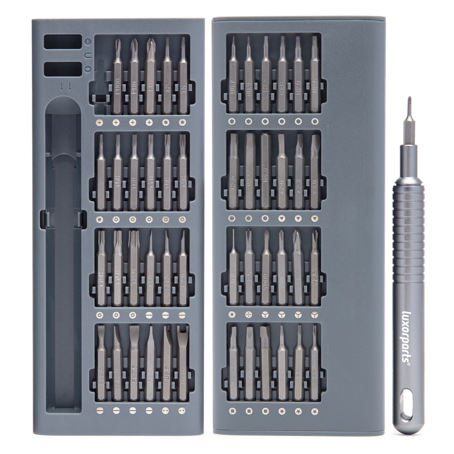 Luxorparts skruesæt 48 dele i gråt aluminiumsetui med Phillips, flad, Torx, hex bits og slankt håndtag.