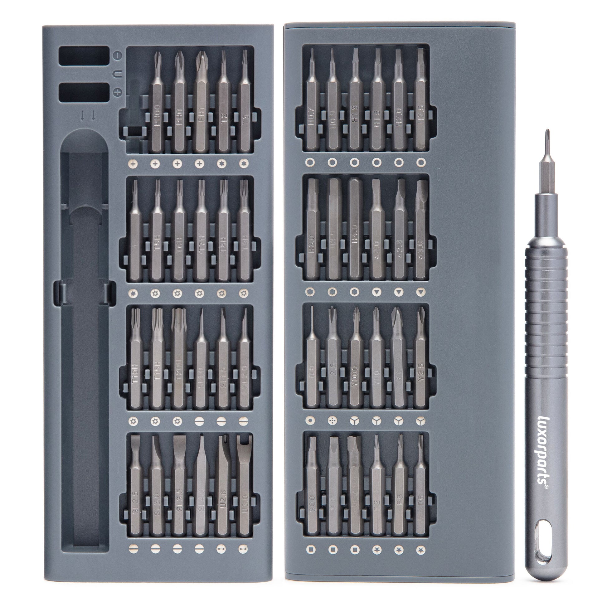 Luxorparts skruesæt 48 dele i gråt aluminiumsetui med Phillips, flad, Torx, hex bits og slankt håndtag.