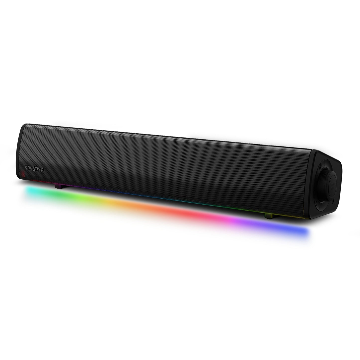 Creative Sound Blaster GS3 gaming soundbar sort med tekstureret front, rund højre kontrolknap, SuperWide og LED-lys nederst.