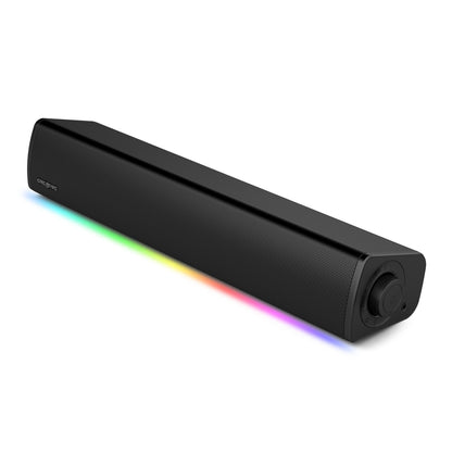 Creative Sound Blaster GS3 Gaming Soundbar sort, SuperWide-teknologi, højre kontrolknap, LED-lys under frontpanelet.