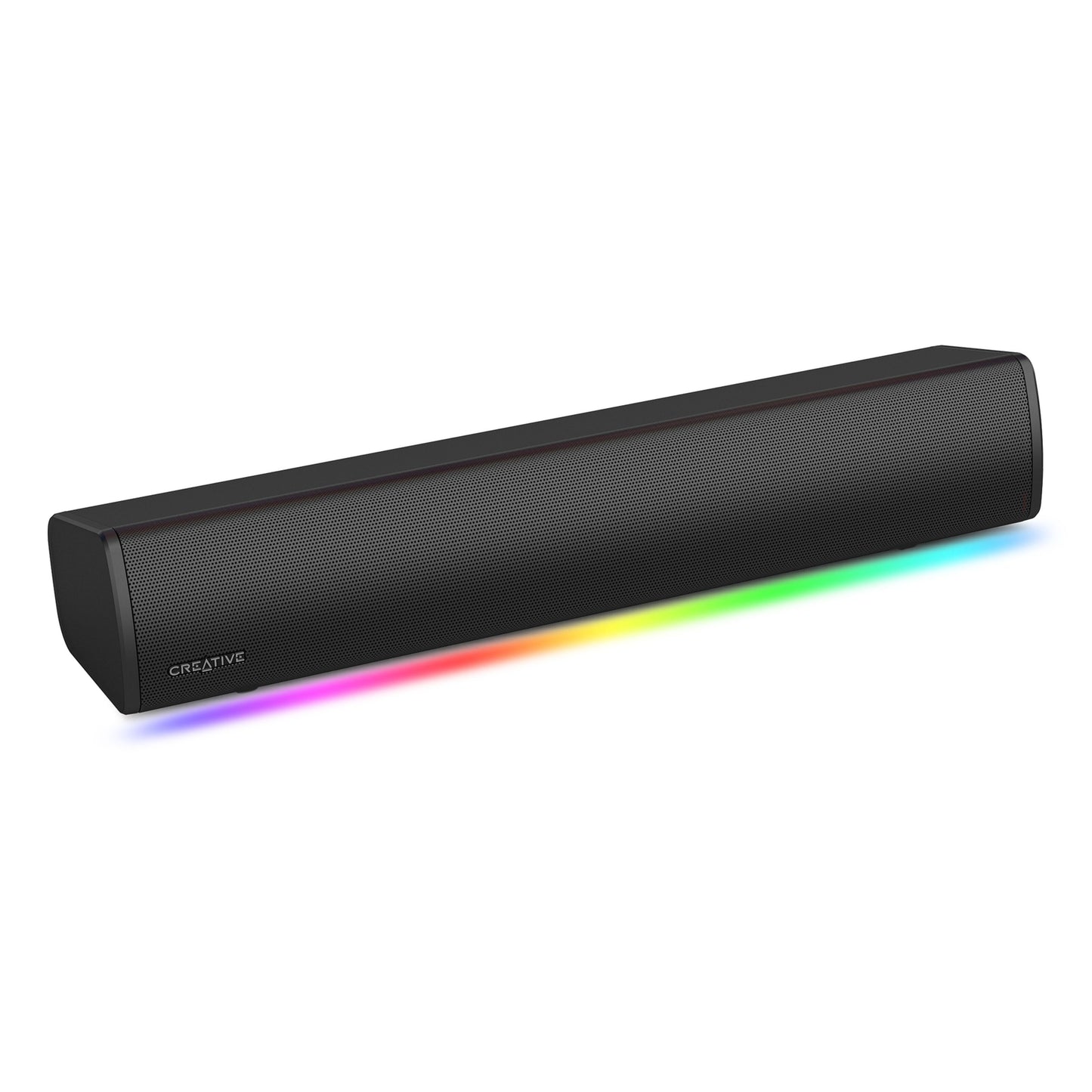 Creative Sound Blaster GS3 Gaming Soundbar sort, rektangulær med netfront, Creative-logo, RGB LED-stribe nederst, SuperWide.
