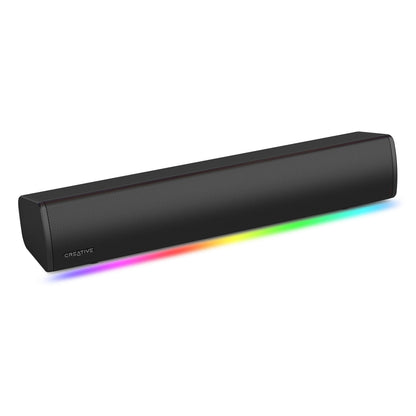 Creative Sound Blaster GS3 Gaming Soundbar sort, rektangulær med netfront, Creative-logo, RGB LED-stribe nederst, SuperWide.
