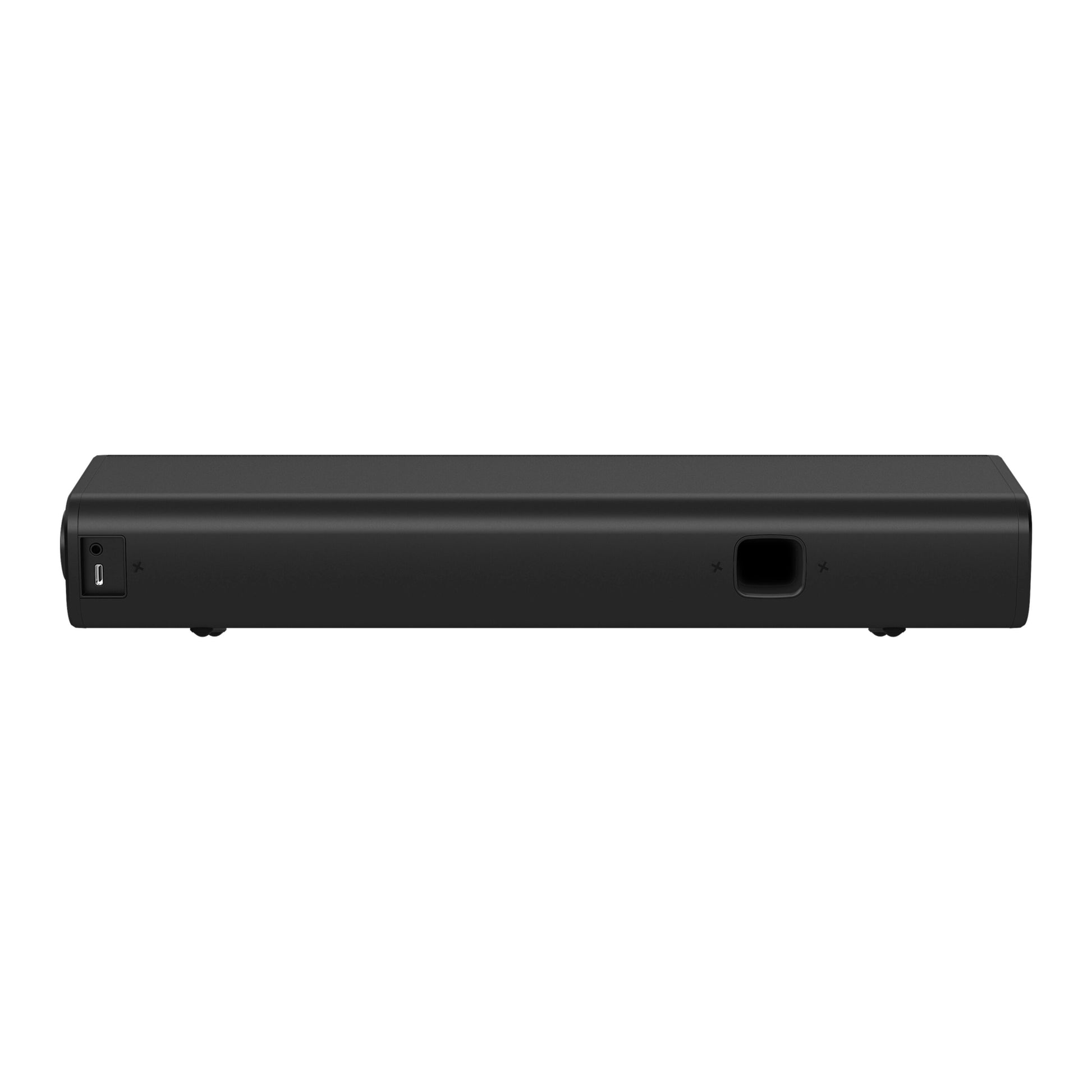 Creative Sound Blaster GS3 Gaming Soundbar sort, rektangulær, bagside med venstre strømkontakt og centralt firkantet port.