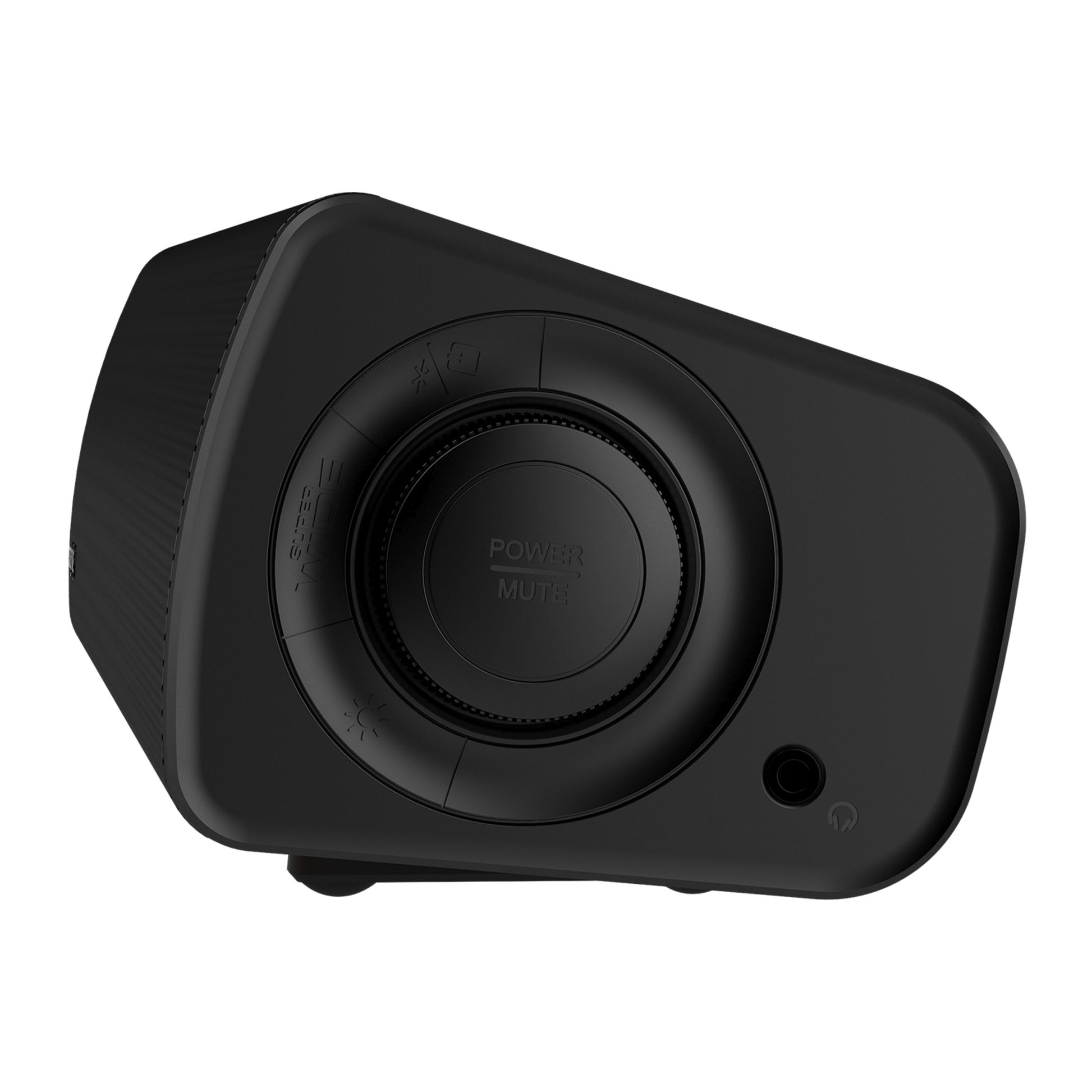Creative Sound Blaster GS3 Gaming Soundbar sort med stor Power Mute-drejeknap, lysstyrke- og indstillingsikoner, hovedtelefonstik.